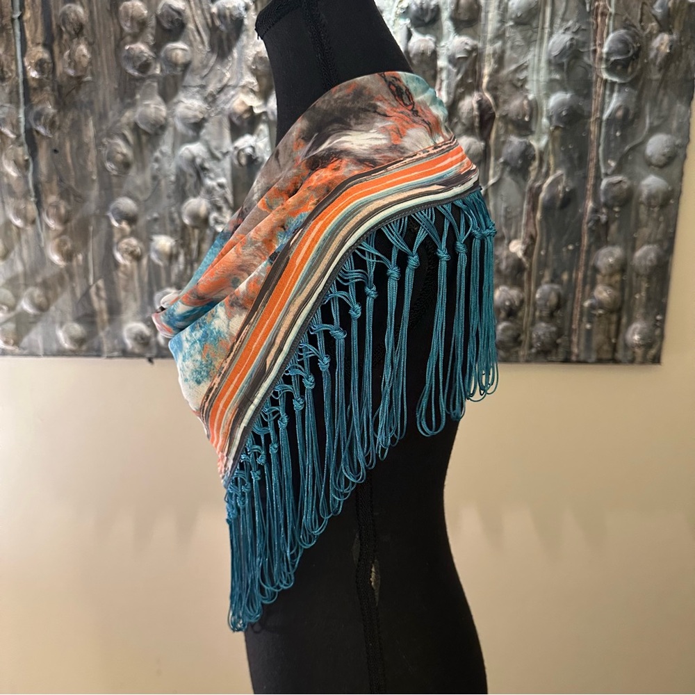 Teal & Orange Abstract Fringe Silk-Feel Scarf Wrap - Picture 3 of 7